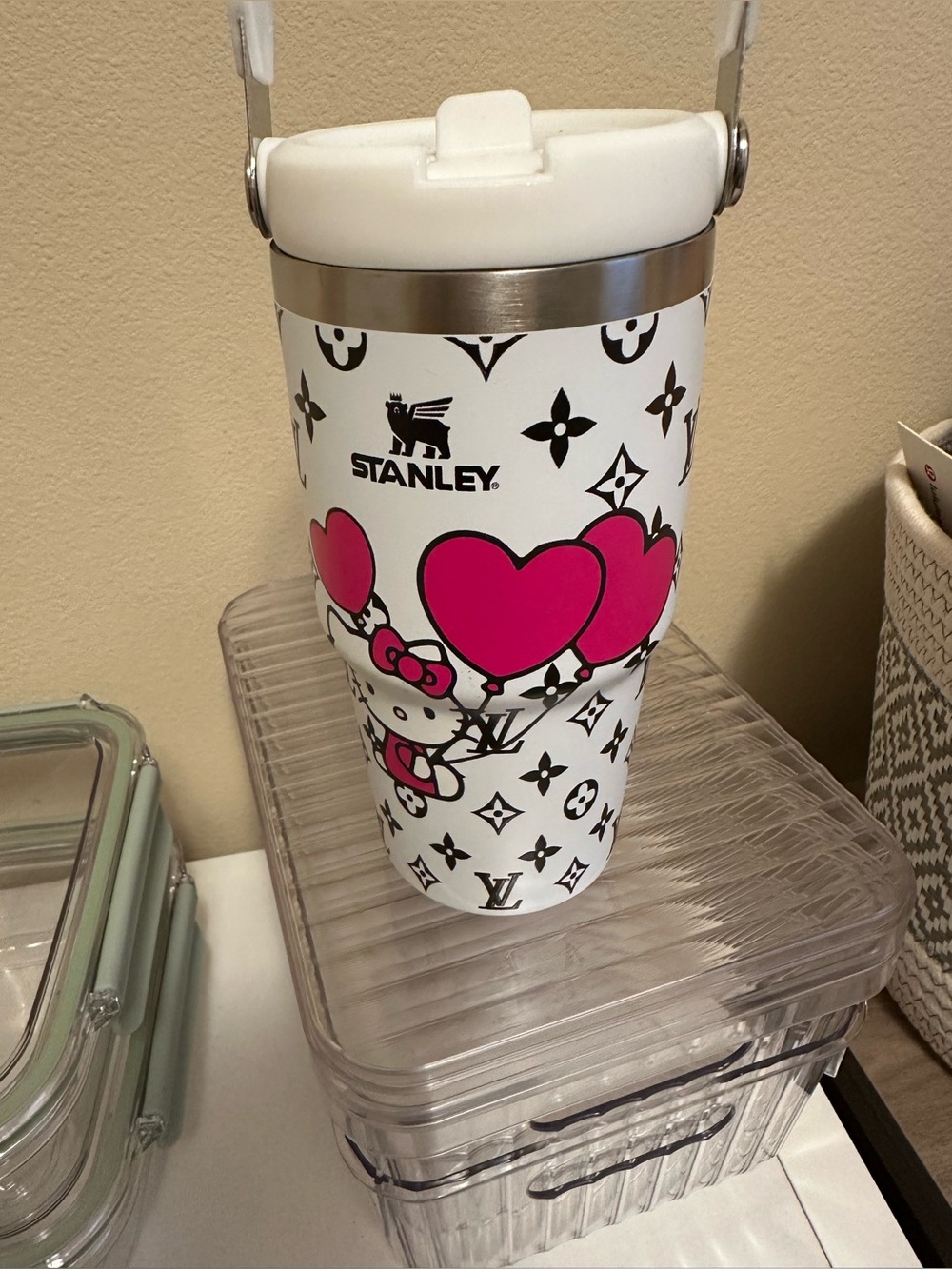 Stanley White Tumbler with Pink Heart Motif and Hello Kitty Accent